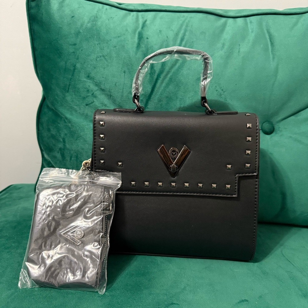 Valentino Orlandi black studded crossbody bag with V-logo and gunmetal hardware